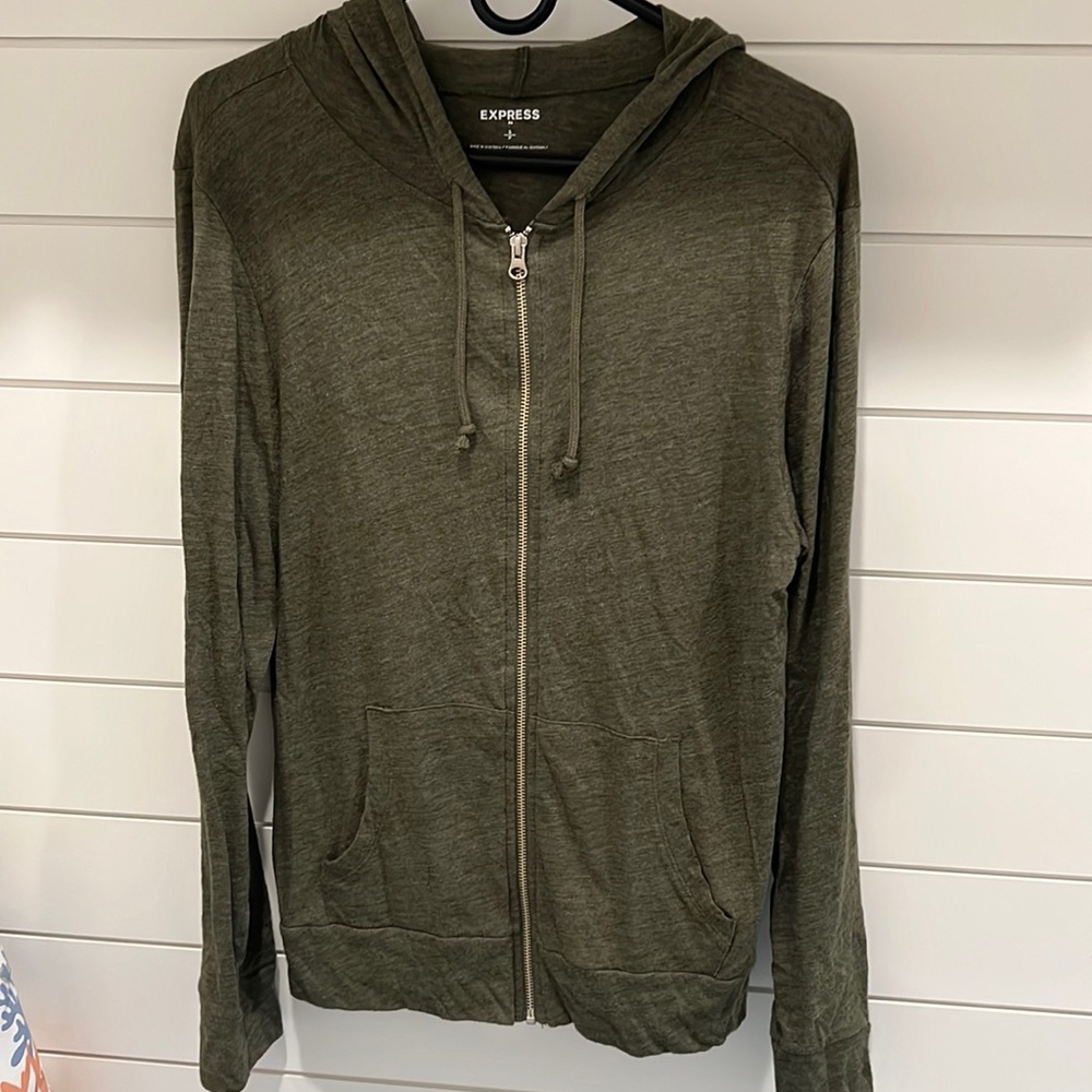Express men’s light weight zip up hoodie size small olive green